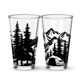 Nature Themed Pint Glasses Set of 2, Forest Silhouette Pint Glasses in Unique Designs (Camping Tent)