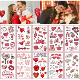 10 Sheets Valentines Temporary Tattoo Stickers Red Lips Heart Love Rose Fake Tattoo Stickers Valentines Day Party Supplies Women Girls man Face Stickers (style 2)