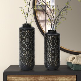 LuxenHome Set of 2 Black and Gold Metal Bottle Vases
