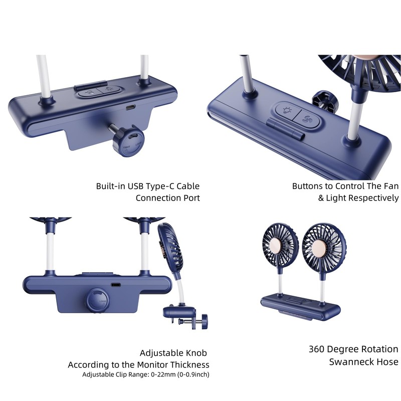 3-Level Dimmable Clip-On desktop lights with Dual Gooseneck Fans, 360°