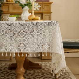 LOHUT Beige Embroidered Crochet Tablecloth Rectangle with Tassels, Boho Floral Lace Tablecloth Geometric Tablecover for Kitchen Dinning Wedding Party Decoration 60"X102"