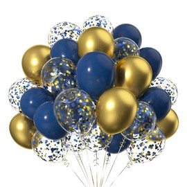 Pack of 50 12 Inch Gold Navy Helium Latex Air Balloons, Balloons with Gold and Blue Confetti for Party Decoration
