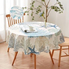 Nautical Coastal Round Tablecloth 60 Inch - Beach Ocean Print Table Cloth Waterproof Stain Resistant Wrinkle-Free Table Cover for Kitchen Dining Room Indoor and Outdoor Picnic Party 60in