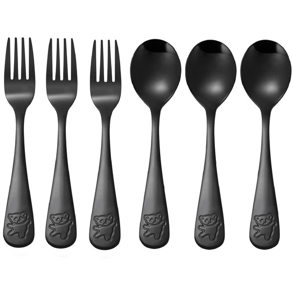6 Pieces Kids Silverware Stainless Steel Toddler and Child Utensils, Childrens Safe Forks and Spoons Metal Cutlery Set, Engraved Bear, Black