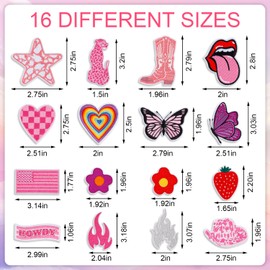 16pcs Preppy Patches, Pink Iron on Embroidered Patch Cute Decorative Sew on Applique Patches for Clothing Backpack Jackets Hats DIY Craft Decorations