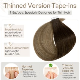Elailite Tape in Hair Extensions Human Hair Real Human Hair 10 Pcs Invisible Thin Type - Seamless Skin Weft Remy Hair Extension (#2/6/18 Balayage Dark Brown/Light Brown/Ash Blonde, 20 Inch-15g)