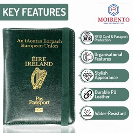 MOIRENTO Irish Passport Holder - RFID Blocking Travel Wallet - PU Leather Passport Cover, Ireland, Eire, Men, Women
