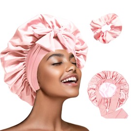 DAJOOEE Silk Hood for Sleeping with Hair Scrunchie, Women's Silk Bonnet Sleep Cap, Silk Satin Hair Cap, Bonnet Sleep Cap, Hair Cap (Light Pink, One Size-M)