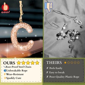 MOTOFITOOL Bling Car Accessories for Women Letter Charm, Rainbow Crystal Rearview Mirror Pendant, Cute Diamond Rhinestone Car Decor, Lucky Gift for Women(C, Champagne Gold)