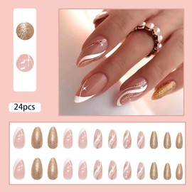 Almond Press on Nails Medium French Tips Fake Nails Golden Lines Glitter Fake Glossy Full Cover Acrylic Nails Stick on Nails Fake Nails for Women&Girls 24pcs