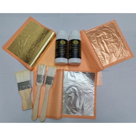Jinruisi Metal Leaf Adhesive & Varnish Kit - Gold Size & Sealer for Craft, Art & Furniture - Gilding Kit with 100pcs Imitation Gold, Silver & Copper Leaf Sheets