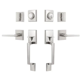 NeuType Front Door Handle Set Satin Nickel Double Door Handle Set with Dummy Heavy Duty Double Door Lock Set, with Single Cylinder Deadbolt and Lever Handle, Compatible with Right & Left Handed Doors