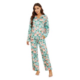 LYCY Womens Pajama Sets Floral Print, Long Sleeve Button Down Pajamas Set for Women Soft Sleepwear Pjs 2 piece Loungewear(Aqua Floral,L)