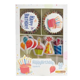 DECOCINO Happy Birthday Muffin Set 48 Pieces - 24 Cupcake Cases with Diameter 5 cm & 24 Muffin Toppers Made of Paper, Ideal Decoration for Children's Birthdays