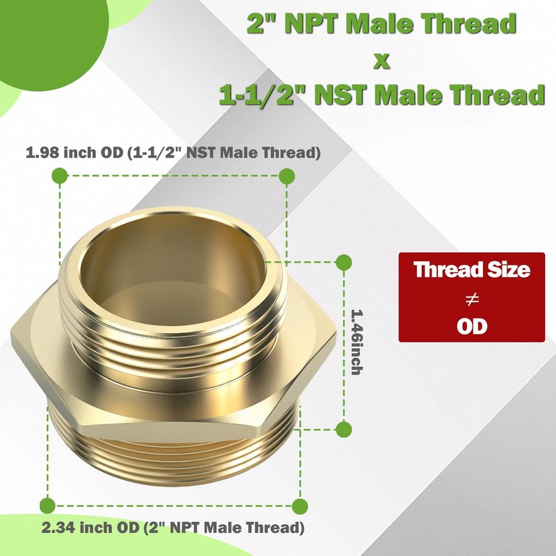 2" NPT Male x 1-1/2" NST Male Brass Hexagonal Nipple
