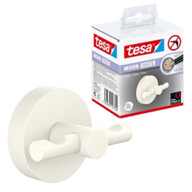 tesa® MOON WHITE Bademantelhaken, matt weiß - für Bäder im Industrial Style und moderne Badezimmer - bohrfrei, inkl. Klebelösung - 50 mm x 65 mm x 53 mm