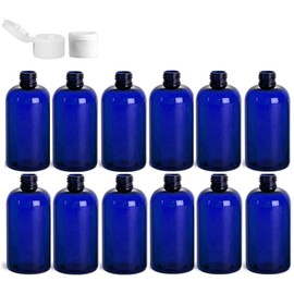 Premium Essential Oil 4 Ounce Boston Round Bottles, PET Plastic Empty Refillable BPA-Free, with Ribbed White Snap Caps (Pack of 12) (Blue)