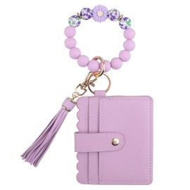 Phamines Wristlet Keychain Card Holder Wallet, Silicone Beaded Daisy Wrist Key Ring Car Key Holder Bracelet ID Window Wallet for Women (Purple)