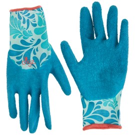 Digz Long Cuff Stretch Knit Garden Gloves with Full Finger Latex Coating | Color: Blue Leaves Pattern | Size: Small