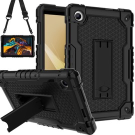 for TCL Tab 8 Plus Tablet/for TCL Tab 8 WiFi 9132X / LE 9137W Tablet Case Soft Silicone Rubber Had Back Shell Protection Shockproof Kids Friendly Built in Stand Shoulder Strap (Black+Black)