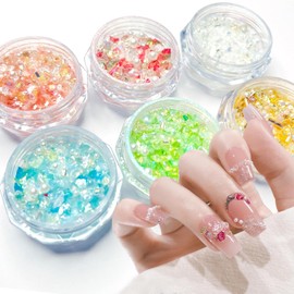 6 Boxes Colorful Aurora Nail Art Rhinestone 3D Mixed-Shaped Alien Pearl Nail Gems Pink Gold Blue Green Designs Glass Crystals Nail Jewelry Sparkle Nail Charms for Acrylic Nails Decoration DIY Crafts