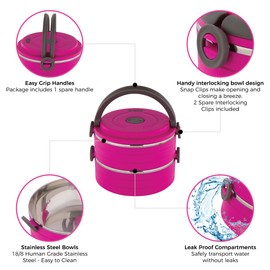 Travel Dog Bowls by Healthy Human | Stainless Steel Go Pet Bento Bowls | Stackable Dog Food Bowls | Leak Proof Portable Water Bowls | Set of 4 Interlocking Pink Bowls, 2 Spare Clips, 1 Spare Handle