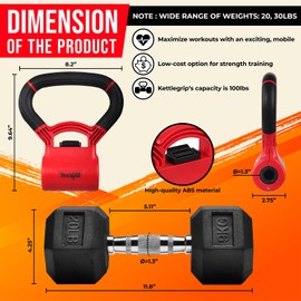 Yes4All Combo Kettle Grip (Single) + Rubber Hex Dumbbell (Single) - 30lbs - Red