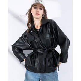 LY VAREY LIN Women Faux Leather Belted Shirt Jacket Lapel Blazer Coat with Bust Pocket