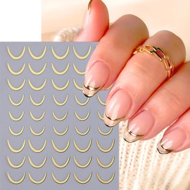 6 Sheets French Stripe Line Nail Stickers Metallic Stripe Lines 3D Self-Adhesive Nail Decals Gold Silver Curve Stripes Wave Nail Design Luxury French Tip Manicure Art Supplies for Women Nail Decor