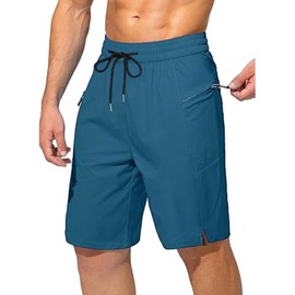 Ougelebo Swimming Trunks Long with Zip Pocket Swimming Shorts Quick Drying, peacock blue, M