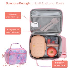 BrainyBees Lunch Bag for Girls - Insulated Kids Lunch Box Reusable Girls Lunchbox with Water Bottle Holder Toddler Lunch Tote Bag for School Daycare, Pink Tie-dye