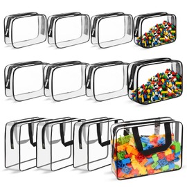 Huakaile 6 Pack Clear Travel Pouch Set, 3 Sizes Waterproof Plastic Toiletry Bag with Woven Handles, PVC Board Game Storage for Puzzle Blocks Stuffed Book Animal Doll Makeup Organization (6)