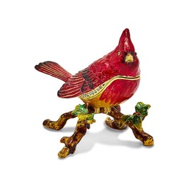 Jere Luxury Giftware Bejeweled Charlie Red Cardinal, Pewter With Enamel Collectible Trinket Box with Matching Pendant Necklace