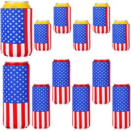 12 Pack American Flag Can Cooler Sleeve Patriotic Slim Beer Can Sleeve Neoprene Slim Bottle Sleeve Independence Day July 4th Collapsible Bottle Sleeve 12 oz for Party Supplies (American Flag)