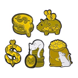 5 Pcs Cartoon Animal Enamel Pins Cute Golden Pig Piggy Bank Little Mouse Gold Coin Cat Metal Brooches Badges for Clothing Bags Jewelry Gift