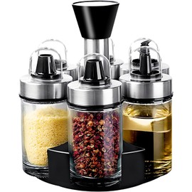Mlici Oil and Vinegar Dispenser Set of 6 Bottles, Stainless Steel Salt Pepper Holder with 360° Rotating Holder, Cruet Soy Sauce - Premium Glass Condiment for Kitchen, Tabletop, Kitchen Containers