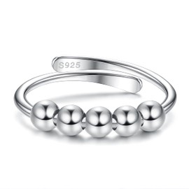 Chriscoco Anxiety Ring Silver 925 Women's Spinner Ring Fidget Ring with Beads Band Ring Anti Stress Ring Silver Adjustable Anxiety Ring for Girls Men, Silver, No Gemstone