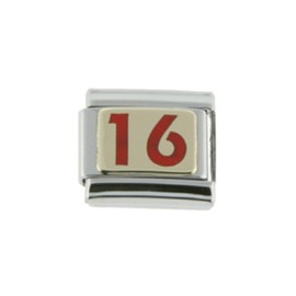 Sabrina Silver Stainless Steel 18k Gold Number 16 Charm for Italian Charm Bracelets red Enamel