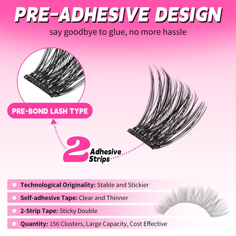 Self Adhesive Lash Clusters 156Pcs No Glue Needed Eyelash Clusters