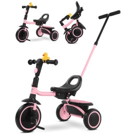RIDYEE Tricycle for Toddlers 18 Months to 5 Years with Removable Push Handle, Tricycles for 3-5 Year Olds Ideal for On-The-Go Families, Toddler Tricycle with Adjustable Carry-Friendly Seat, Pink