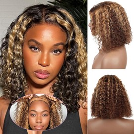 Fronbanis 5x5 HD Lace Closure 4/27# Highlight Ombre Deep Wave Bob Wig for Black Women Glueless Curly Honey Blonde Wigs Human Hair Pre Plucked Wear and Go Wigs 180 Density for Beginners 10 Inch
