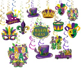 30pcs Mardi Gras Decorations Party Supplies Mardi Gras Tinsel Garland Hanging Swirl Decorations Colorful Garland Crown Mask Sign Ceiling Decor for Mardi Gras Masquerade New Orleans Party
