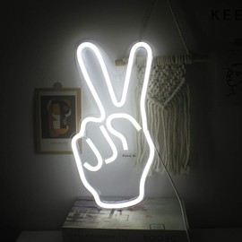 ineonlife Neon Peace Sign Decor Led Neon Signs Peace Finger Peace Sign Wall Sign 15'' x 8'' Victory Gesture Neon Light Novelty Neon Wall Lights for Kids Home Accessories Party Holiday Decor White