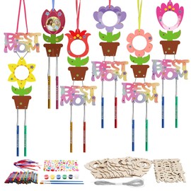 Fennoral 12 Pack Flower MOM Wind Chime Kit for Kids Make You Own Mother's Day Craft Kit DIY Coloring Wooden Art and Craft for Mom's Birthday Decoration Mother's Day Gifts from Daughter Son