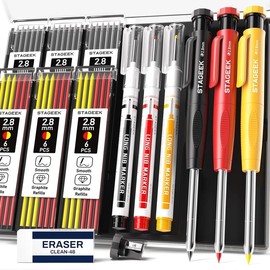 STAGEEK Carpenter Pencils Set with Case, 3PCS Mechanical Carpenter Pencils with 39 Refills, Heavy Duty Construction Pencil with Sharpener, Deep Hole Long Nib Marker Pens for Architect Marking:_2.0 Set 【with Storage Pen Case】