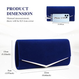Pinprin Womens Evening Handbag Blue Velvet Clutch Purse Ladies Prom Bridal Bag Wedding Party Purse with Detachable Chain