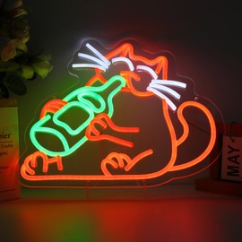 ENUOLI Drinking Cat Neon Sign Green&Red Animal Beer Cat Neon Signs for Wall LED Lights Sign for Bedroom Dimmable LED Sign Neon Wall Light for Bar Party Decoration