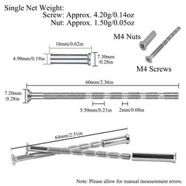 Universal M4 Door Handle Screws 4Pcs Connecting Bolts & Sleeves Kit 60mm Nickel Plated Screw for Door Handle, Door Lock, Cabinet, Drawers