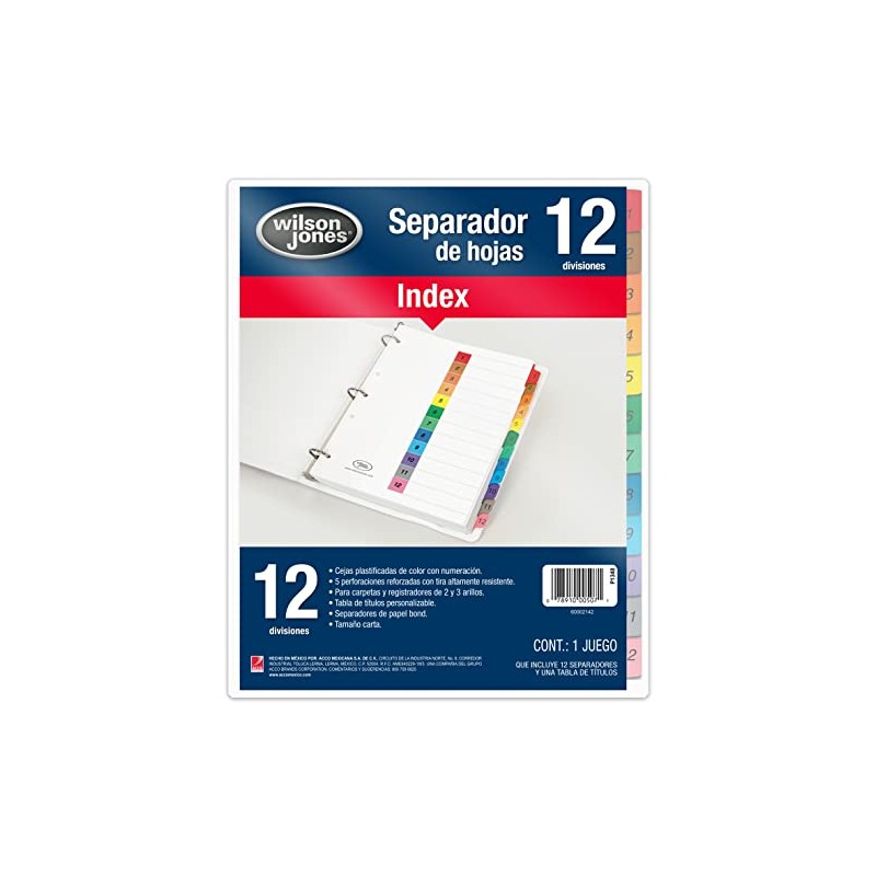 Wilson Jones P1348 Separadores de Carpeta Numerados, colores Brillantes, 12