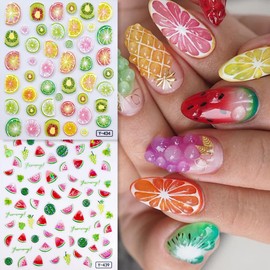 4 Sheets Fruit Nails Stickers Summer Nails Art Stickers 3D Self Adhesive Colorful Fruit Nail Decals Cute Fruits Strawberry Watermelon Lemon Nail Design Nail Art Supplies for Women Nail Decorations